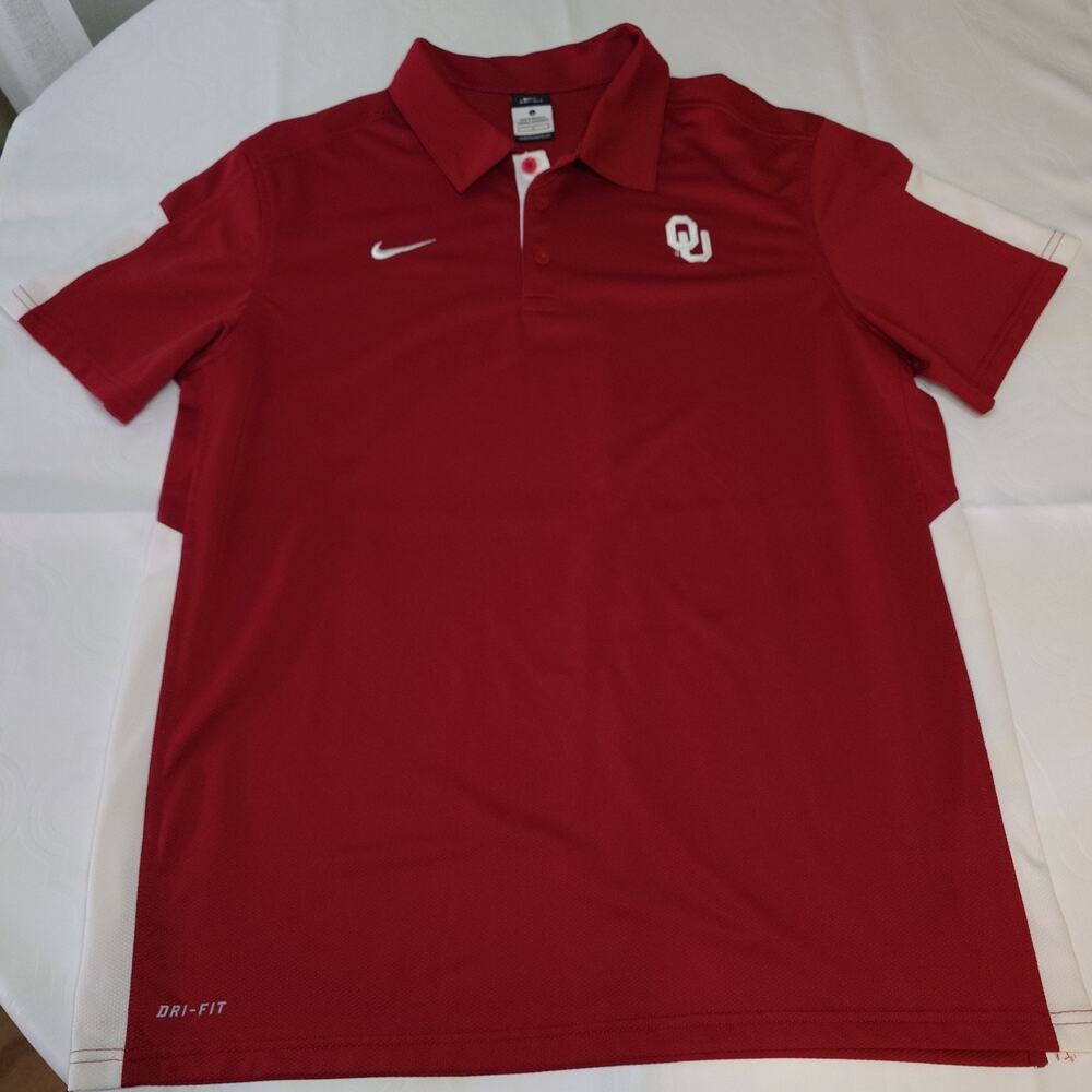 Oklahoma Sooners University Nike Polo Shirt Mens Large Red and white Dri Fit